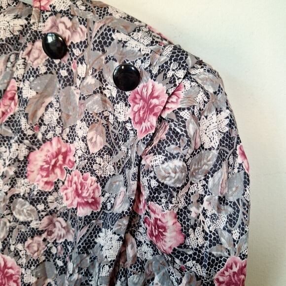 Vintage 80s Floral Print Short Sleeve Dress Cottagecore Women Size Petite Large - Picture 2 of 11